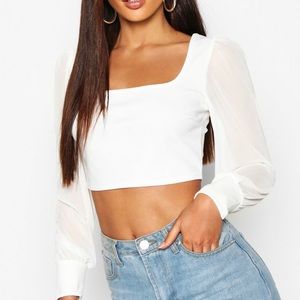 Square Neck Mesh Sleeve Crop Top